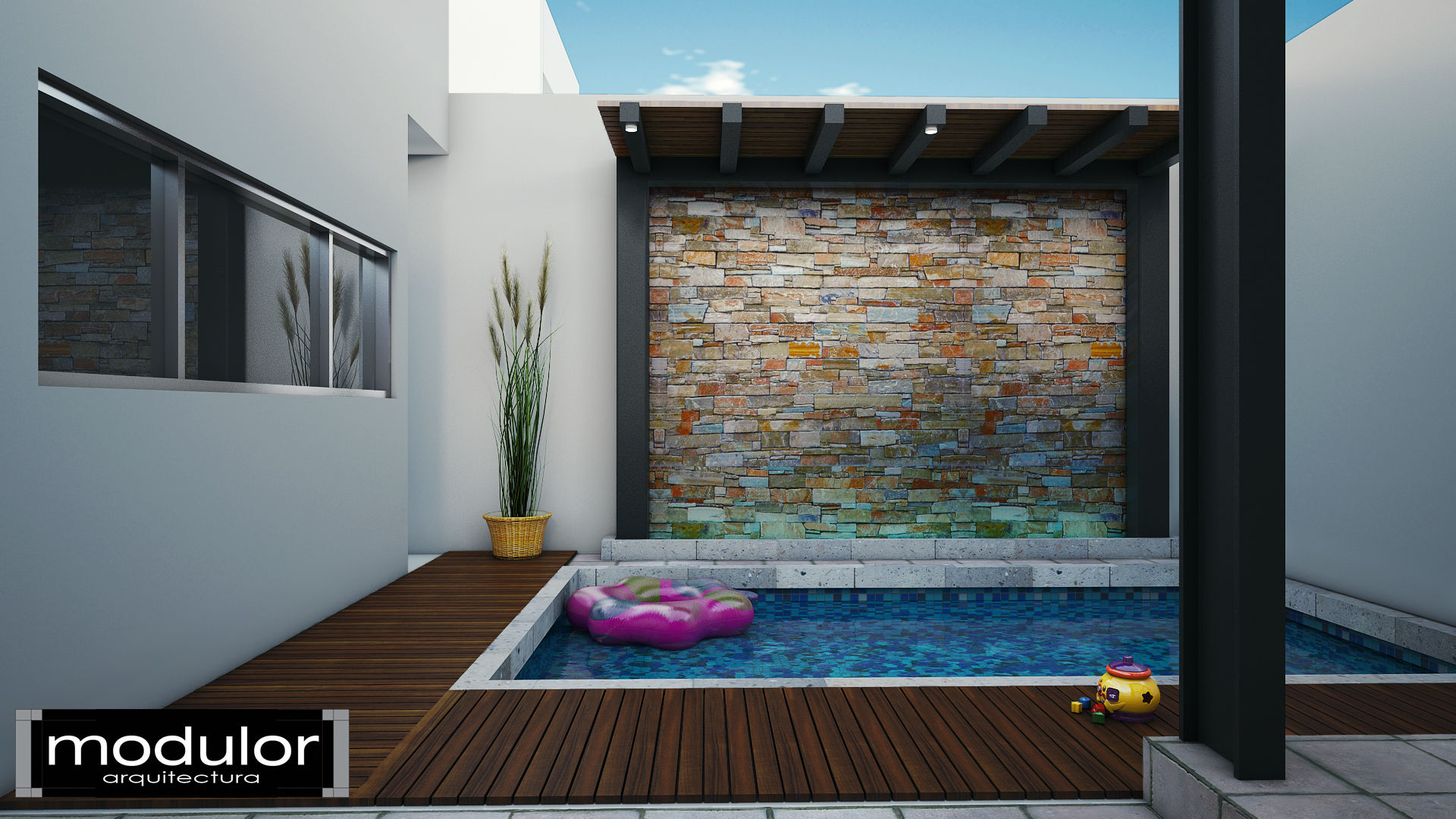 Alberca y Muro Lloron Modulor Arquitectura Modern Pool Stone