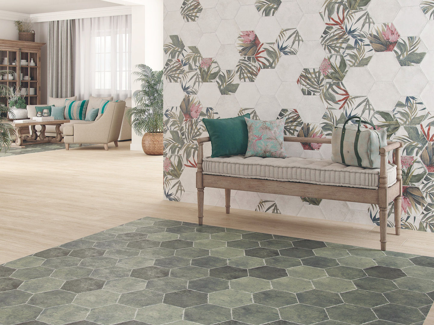 Wohnzimmer Gestaltung mit Saona Esmeralda als Bodenfliese und Aruba Blanco als Wandfliese Fliesen24 Living room Tiles vintage, fliese, bodenfliese, wandfliese, sechseck, moderne fliese