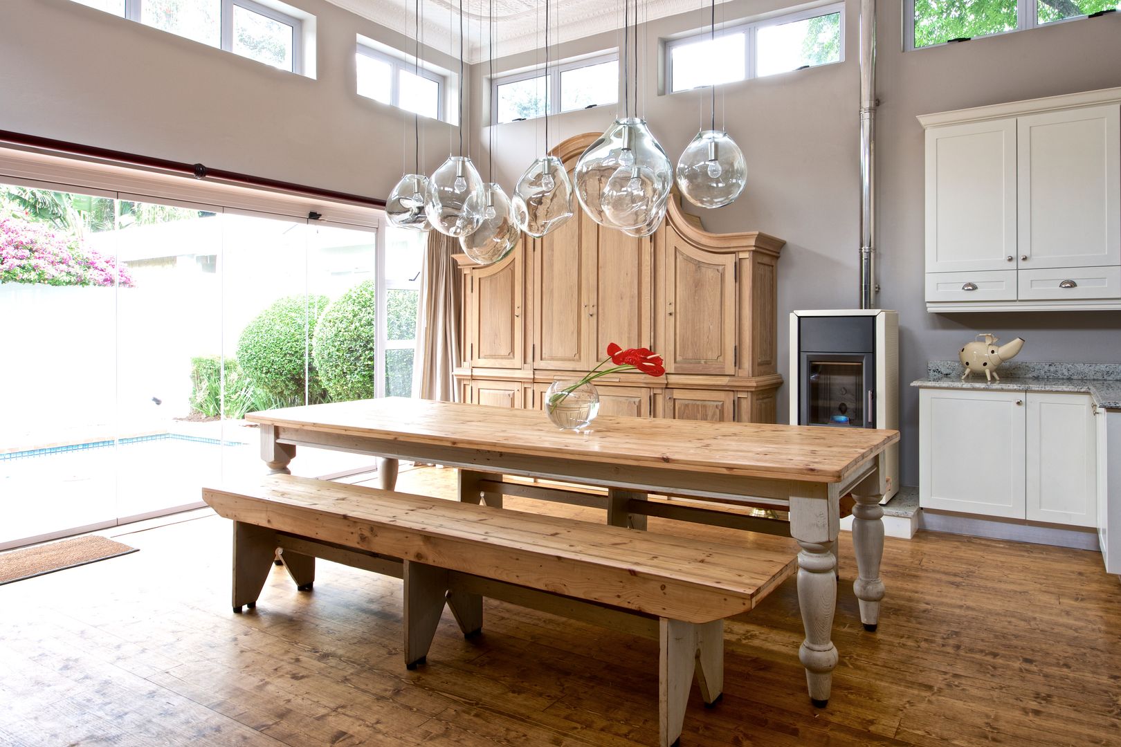 Dining area Oksijen Country style dining room dining room,yellow wood table,dining table,glass pendants,armoire,frech oak,french oak armoire,johannesburg,interior design,oksijen,oksijen interiors,french oak