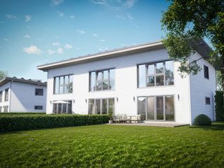 Das neue Thule „Reihenhaus Landsby“ ab 74 m² THULE Blockhaus GmbH - Ihr Fertigbausatz für ein Holzhaus Multi-Family house Land lot, Roof, Home, Estate, Cottage, Farmhouse, Lawn, Yard, Landscaping, Sash window