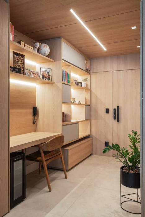 Apartamento 70m² - Perdizes - SP Juliana Dias Arquitetura Apartment Furniture, Shelf, Interior design, Shelving, Wall, Flooring, Wood, Bookcase, Floor, Ceiling