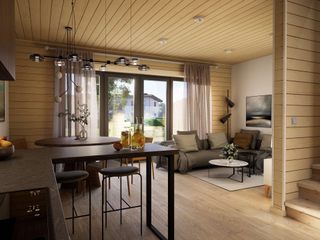 Das neue Thule „Reihenhaus Landsby“ ab 74 m² THULE Blockhaus GmbH - Ihr Fertigbausatz für ein Holzhaus Multi-Family house Furniture, Interior design, Flooring, Floor, Wood, Ceiling, Chair, Wood flooring, Home, Table