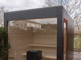 Design Gartensauna mit Panoramaverglasung. Innenansicht, Finnische Espe design@garten GmbH & Co. KG Sauna Wood-Plastic Composite Sauna,Gartensauna