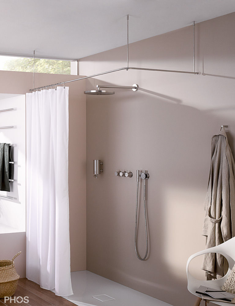 Duschvorhangstange aus Edelstahl frei hängend (Deckenbefestigung) mit Textil-Duschvorhang PHOS Design GmbH Modern Bathroom Iron/Steel begehbare Dusche,duschvorhangstange,dusche,bodengleiche Dusche,Duschvorhang,Textilduschvorhang,Duschhalterung,Duschbefestigung