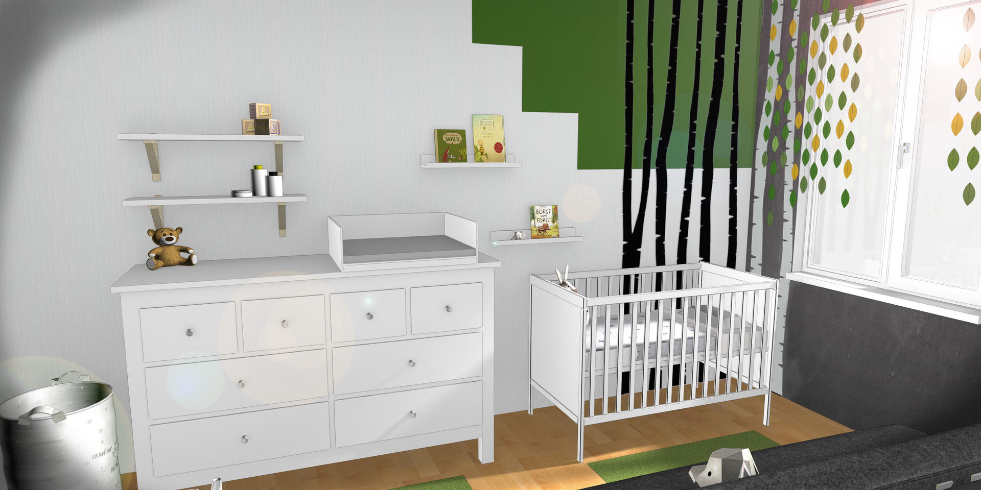 Rendering Babyzimmer: Wald Der Schlüssel zum Glück - Interior Design Baby room Babyzimmer,Kinderzimmer,Natur,Wald,Entwurf,Rendering,3D,Visualisierung,Innenarchitektur,Grün,Renovierung,Bestand