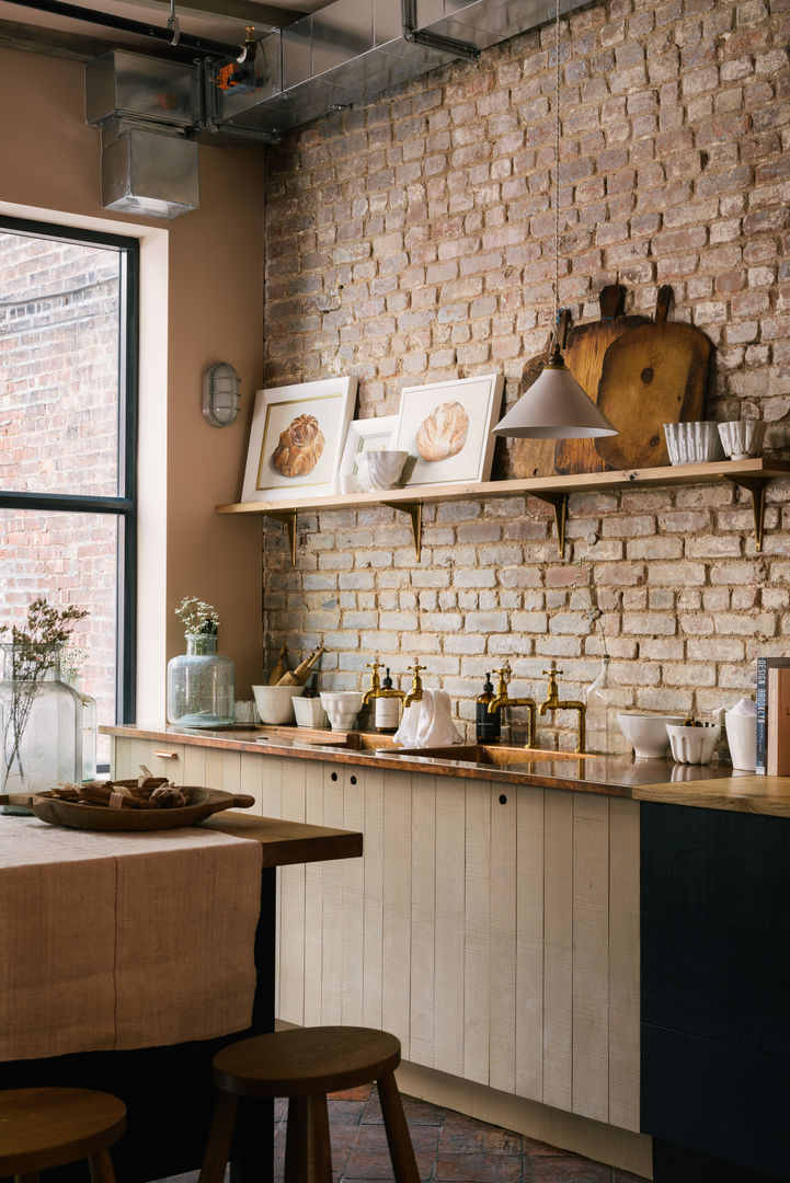 The Potting Shed in Manhattan deVOL Kitchens Kitchen exposed brick,devol,beech,british beech,beech kitchen,open shelf,copper